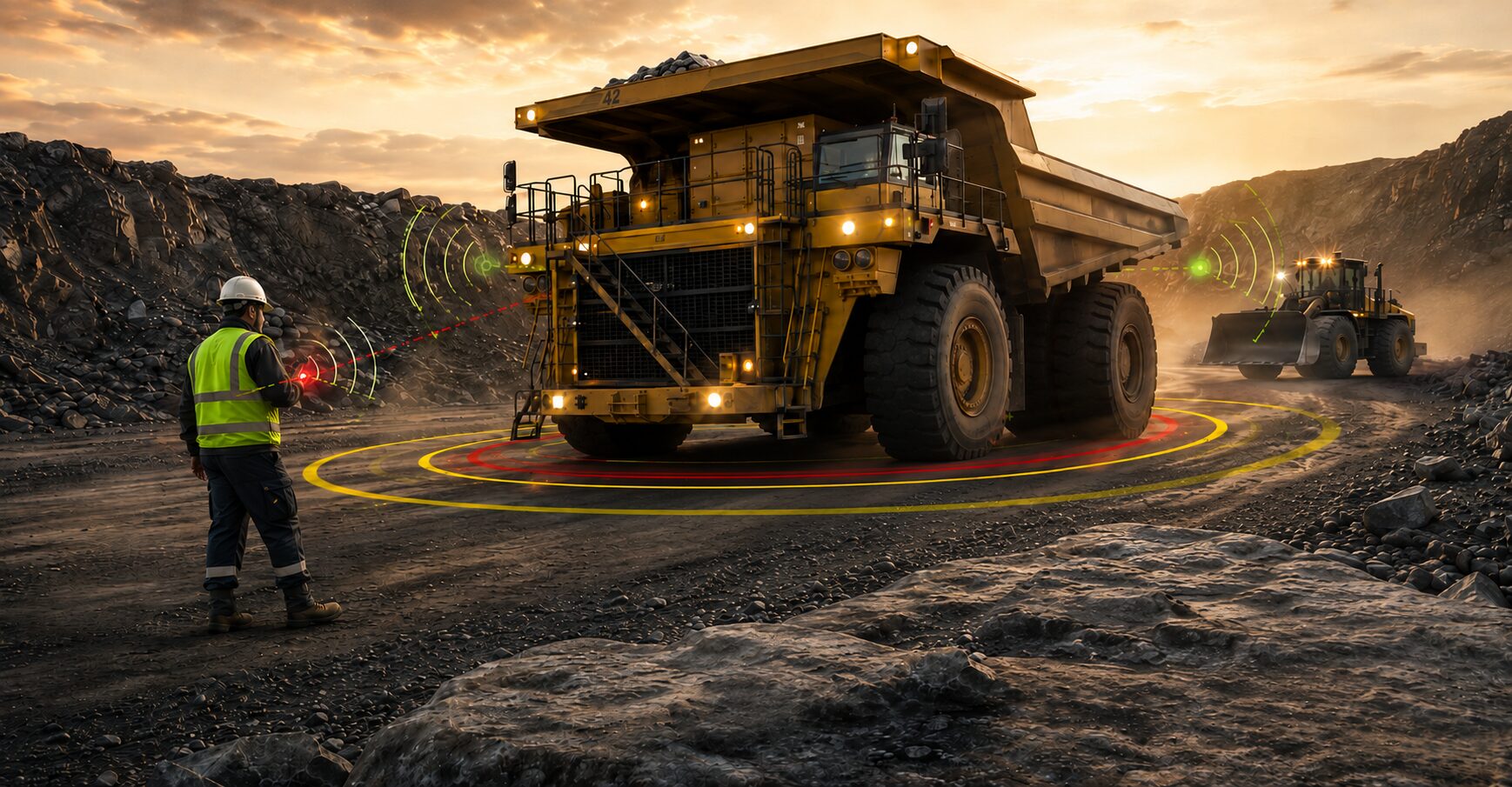 Mobile equipment at a quarry showing proxmity dangers between other vehicles and worker