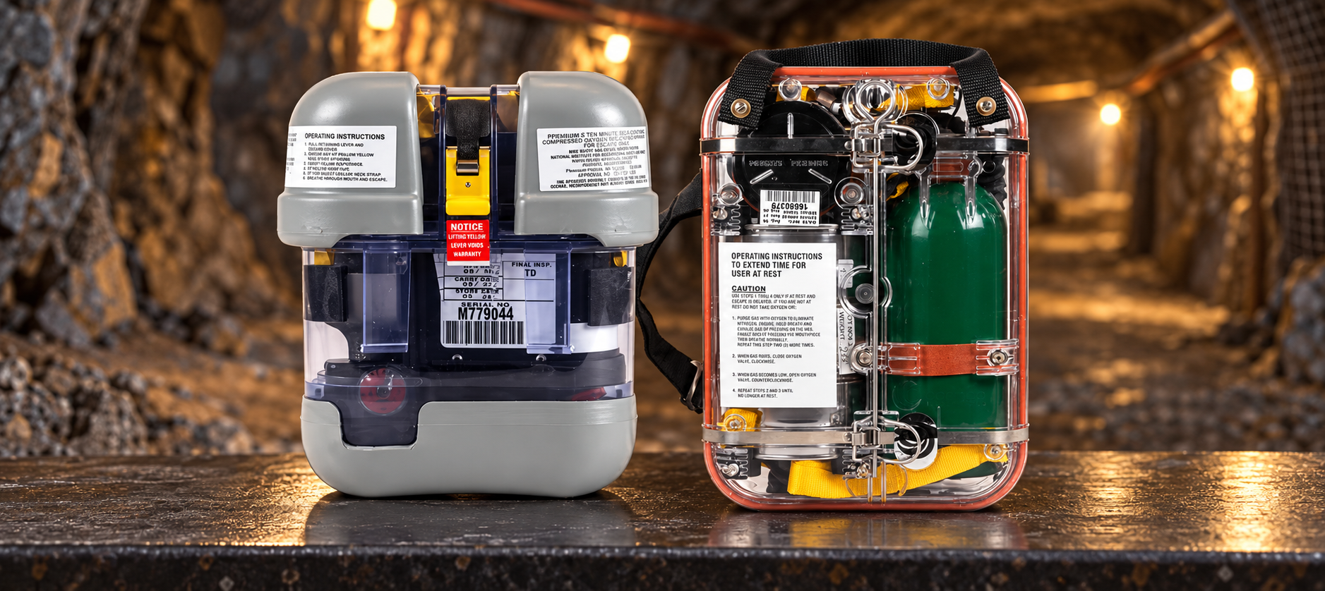 Ocenco M20 and EBA 6.5 self-rescuers on a workbench in an underground mine