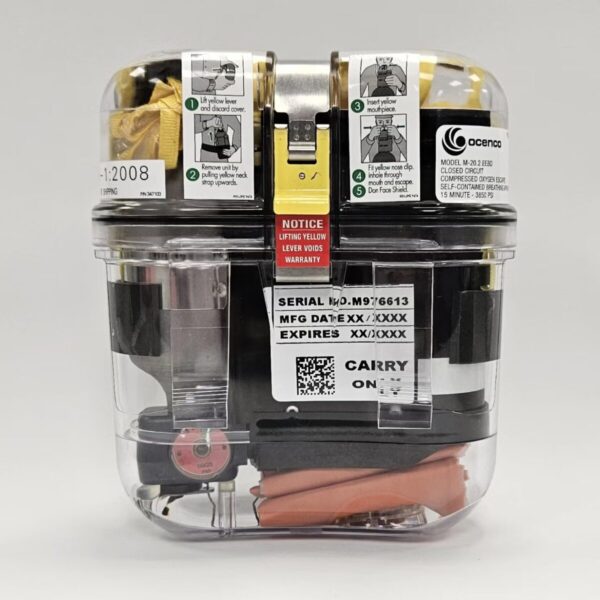 Clear, compact Ocenco M-20.2 emergency escape breathing device in its sealed case, showing instructions, labels, and components designed for railroad industry use.