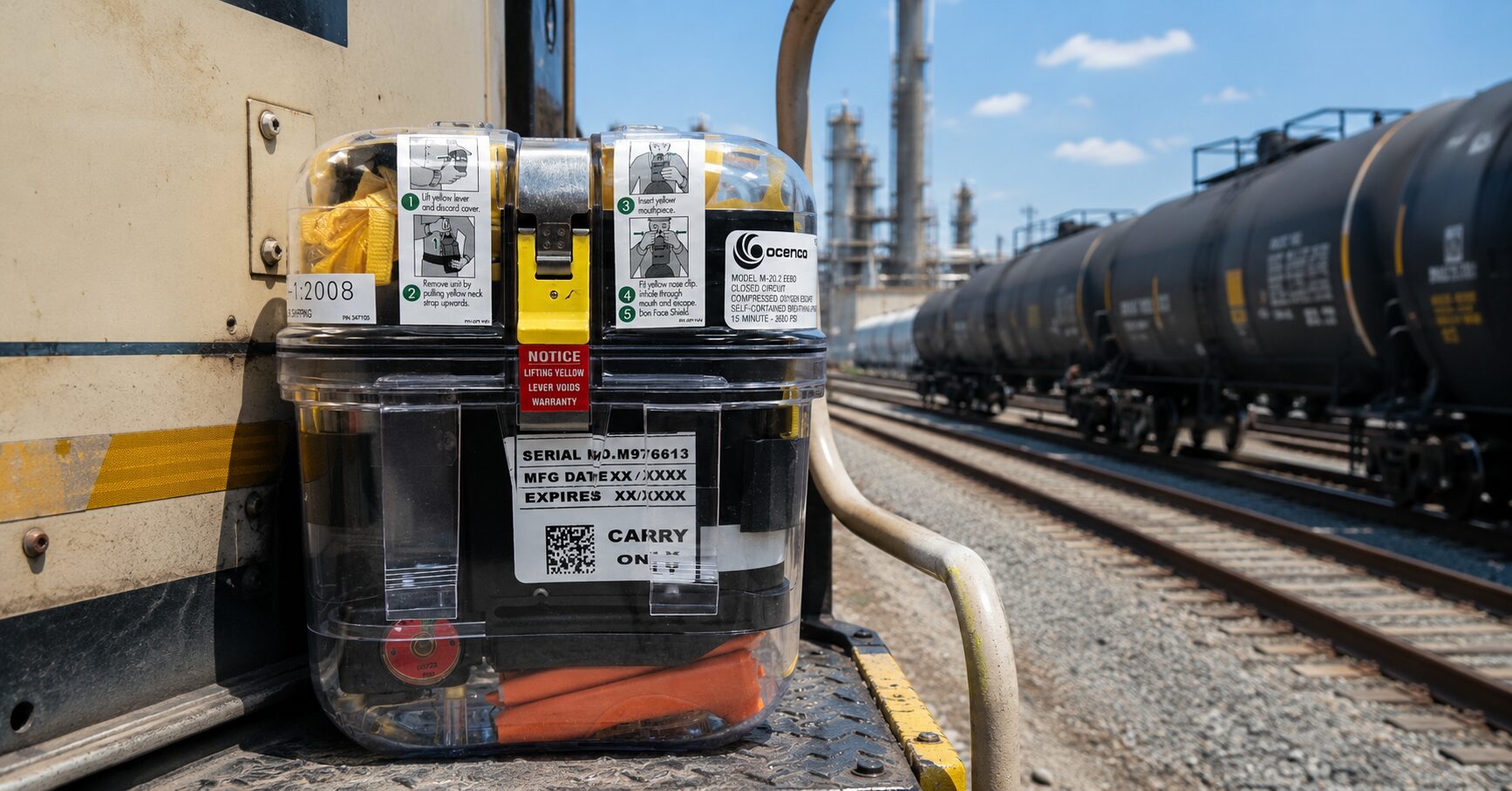 Ocenco M20.2 respirator for rail operators infront of a railroad setting
